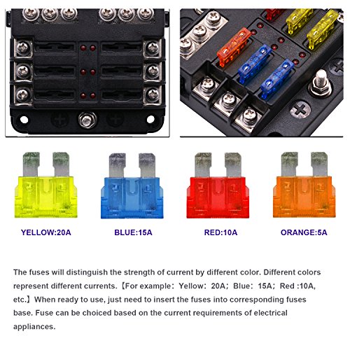 BlueFire 6 Way Blade Fuse Box Fuse Box Holder Standard Circuit Fuse Holder Box Block with LED Light Indication & Protection Cover for Car Boat Marine Trike Car Truck Vehicle SUV Yacht RV - color: 6 Way