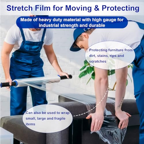 Stretch Film, RAZCC Stretch Wrap Industrial Strength, Shrink Wrap for Pallet Wrap, Heavy Duty Clear Plastic Wrap with Handles, Moving Wrapping Plastic Roll, 15" x 1000 Ft Per Roll, 60 Gauge, 2 Pack - size: 2 Rolls