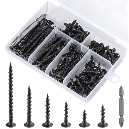 Wensilon #6 Black Fastener Drywall Screws Kit-Phillips with coarse Threaded tip, Black, Suitable for Drywall Slate, Wood, etc. - color: Black, size: #6