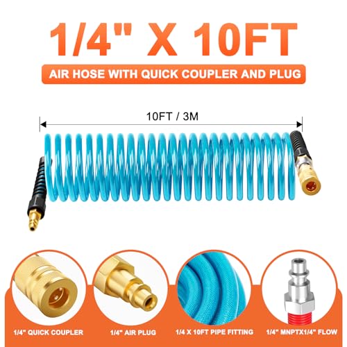GASHER 1/4" x 10FT Reinforced Polyurethane Recoil Air Hose with Bend Restrictor, Air Hose kit With 360°Swivel Coupler, 1/4" Industrial Quick Coupler and Plug - color: Blue 10FT, size: 1/4（I/M)