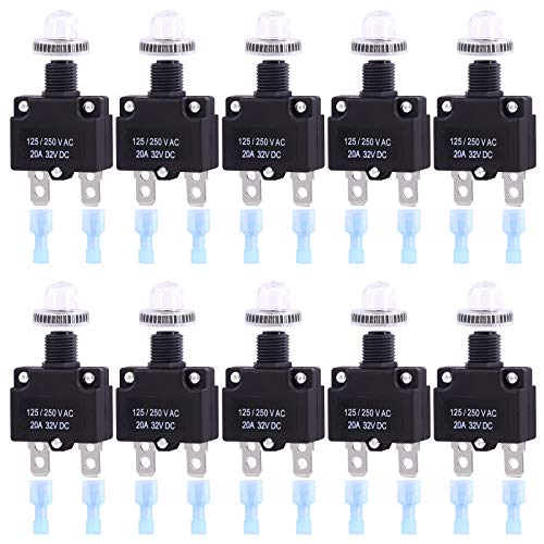 Swpeet 30Pcs 20Amp Thermal Circuit Breaker with Quick Connect Terminals and Waterproof Button Caps Assortment Kit,Waterproof Push Button Circuit Breaker 32V DC 125/250VAC 50/60Hz for Switch Operation - style: 20Amp