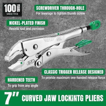 SK 7" Curved Jaw Locking Pliers, Vice Grips, Premium CR-V Steel - size: 7" Single