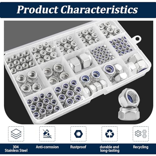 SAE & Metric Nylon Lock Nut Assortment Kit 348Pcs Stainless Steel - size: SAE and Metric Locknuts, 348 Pcs