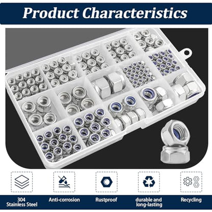 SAE & Metric Nylon Lock Nut Assortment Kit 348Pcs Stainless Steel - size: SAE and Metric Locknuts, 348 Pcs