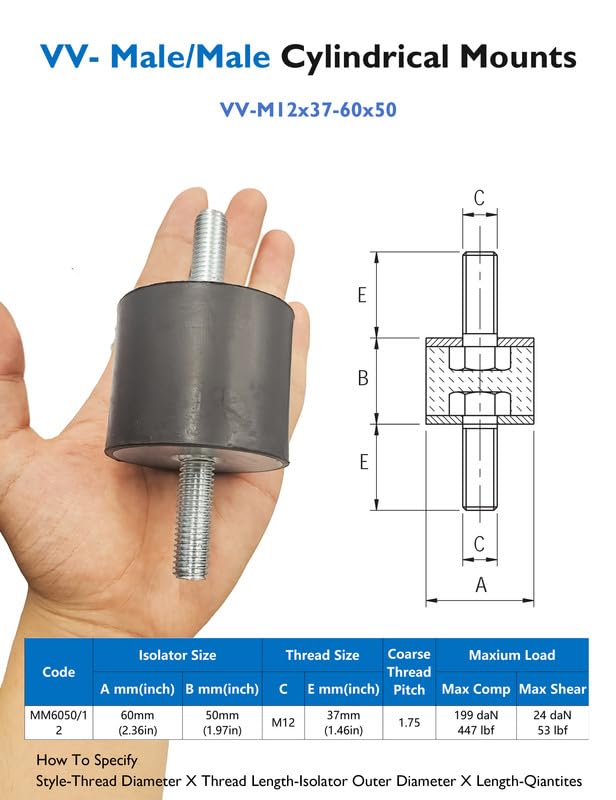 EASYEAH M12 Rubber Vibration Isolator Mounts Double Stud Shock Absorber - size: VV-M12x37-60x50