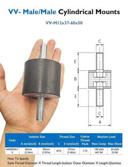 EASYEAH M12 Rubber Vibration Isolator Mounts Double Stud Shock Absorber - size: VV-M12x37-60x50
