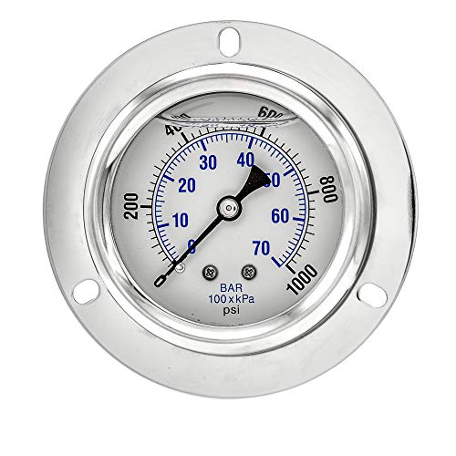 PIC Gauges PRO-204L-254M Panel Mount Front Flanged Glycerin Filled Industrial Pressure Gauge w/ SS Case, Brass Internals, Plastic Lens, 2.5" Dial, 0/1000 psi Range, 1/4" Male NPT - style: 0 - 1,000 PSI