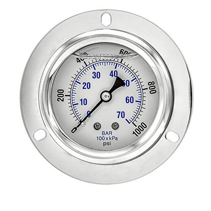 PIC Gauges PRO-204L-254M Panel Mount Front Flanged Glycerin Filled Industrial Pressure Gauge w/ SS Case, Brass Internals, Plastic Lens, 2.5" Dial, 0/1000 psi Range, 1/4" Male NPT - style: 0 - 1,000 PSI