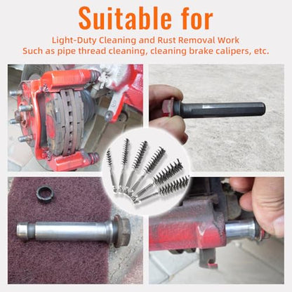 6 PCS Stainless Steel Bore Brush Set, Multiple Sizes (8-19mm), Wire Brush for Drill with 1/4" Hex Shank, Twisted Wire Bristles for Tube Cleaning