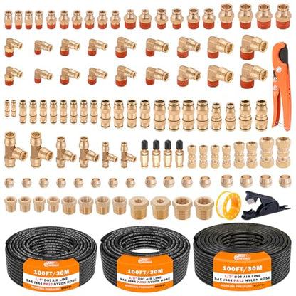 CheeMuii 112PCS Brass DOT Air Line Fittings with 3 Roll 100FT DOT Air Lines - size: 100FT-3ROLL-112PCS