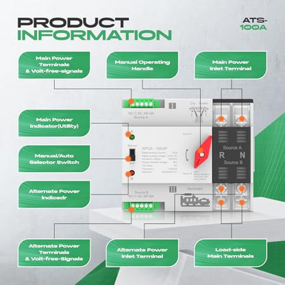 Automatic Transfer Switch 100A AC 220V, Dual Power ATS 2P Automatic/Manual Transfer Switch din Rail mounting for Home Generator, RV，Public/Backup Power Supply - size: Automatic Transfer Switch 2P 220V