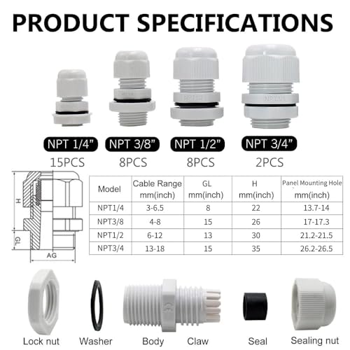 33PCS Cable Gland Waterproof Kit, IP68 Nylon PA66 Strain Relief Cord Grips, 1/4" 3/8" 1/2" 3/4" NPT Adjustable Locknut for 3-18mm Wire, Electrical Conduit Fitting for Outdoor, Industrial & Marine - color: Gray, size: 33pcs-Kit box