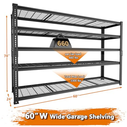 ROOMTEC Garage Shelving, 3300 LBS Capacity Storage Shelves Heavy Duty, 5 Tier Adjustable Metal Organizer Wire Rack, 60"W x 24"D x 78"H Utility Shelf Unit for Kitchen Pantry (1, 60" W x 24" Dx 78" H) - size: 5 Tier 60"W x 24"D x 78"H