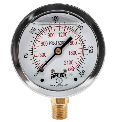 Winters 2-1/2" Dial Size, Liquid Filled Pressure Gauge, Potable Brass Internals, 304 Stainless Steel Case, Dual Scale 0-300 psi/kPa, 1.5% Acc, 1/4" NPT Bottom Mount, Drinking Water Pressure Gauge - style: 0/300 PSI/kPa