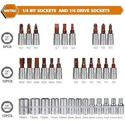 Egofine 46 Pieces 1/4 inch Drive Socket Ratchet Wrench Set Nickel Tool - color: Red, size: 1/4" 46 PCS with 72 Teeth Ratchet
