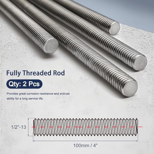 2 Pack 1/2"-13 Fully All Threaded Rod & Studs, 4" Length - size: 1/2"-13 x 4"
