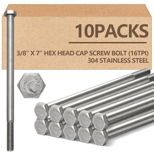 10 Pack 3/8-16 x 7'' Hex Head Cap Screw Bolt 304 Stainless Steel - size: 3/8-16 x 7''