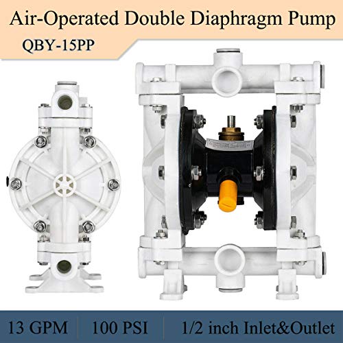 100 PSI Air-Operated Double Diaphragm Pump Membrane Pump Polypropylene 13 GPM Max 1/2 Inch Inlet/Outlet Port Engine Oil Transfer Pump for Chemical Industrial Use