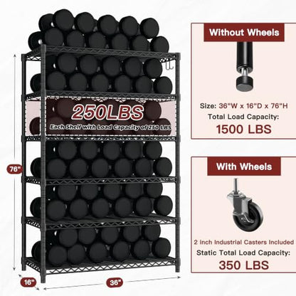PrimeZone 6 Tier Wire Shelving with Wheels 79''H 1500lbs Storage Shelves - size: 36" W x 16" D x 79" H