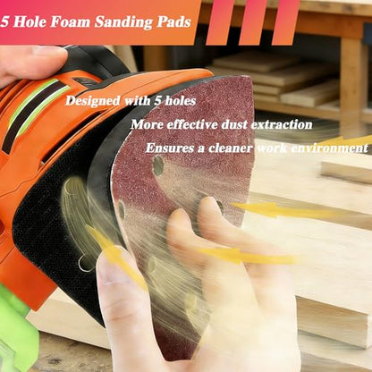 33pcs Sand Paper Mouse Sander Sandpaper 60-1500 Grits with 2pcs Detail Sander Paper Interface Pad Hook and Loop Triangle Sanding Pads with 5 Holes for 140mm Sanding Machine