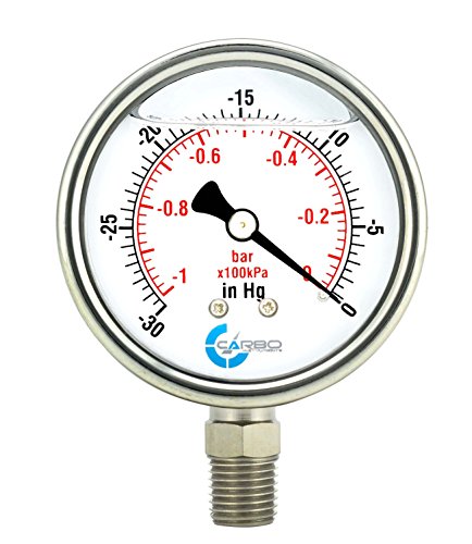 1-1/2" Pressure Gauge, Stainless Steel Case, Chrome Plated Brass Connection, Lqiuid Filled, Vacuum -30 Hg/0, Lower Mount 1/8" NPT - style: -30 inHg