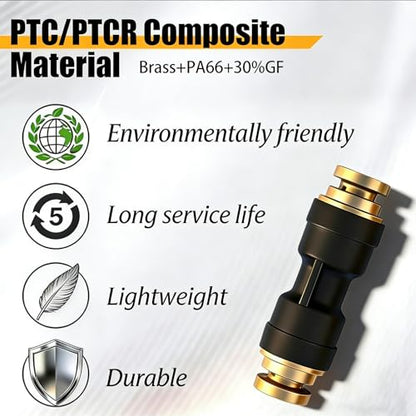 1/2" DOT Air Brake Line Union Coupler 4 Pack, 1/2" Tube OD PTC/PTCR & Brass Push to Connect Straight Fittings for Truck Trailer Air Systems - size: 1/2" Tube OD