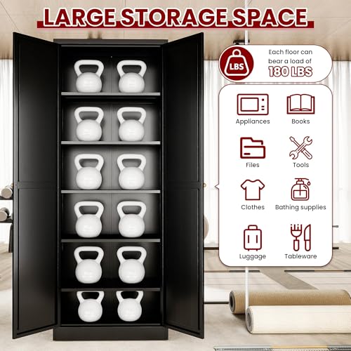 AQY Metal Pantry Cabinet, 72" Black Kitchen Storage Cabinet with Doors - color: Black, style: H72" - 2 Doors Hooks & Vents