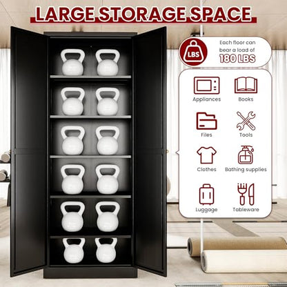 AQY Metal Pantry Cabinet, 72" Black Kitchen Storage Cabinet with Doors - color: Black, style: H72" - 2 Doors Hooks & Vents
