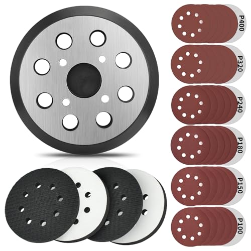 5 Inch 8 Holes Hook Loop Orbital Sander Metal Pad Replacement for Ridgid with 4 PCS Foam & 36 PCS Sanding Sanding Discs 100 150 180 240 320 403 Grit - size: FIT 300527002