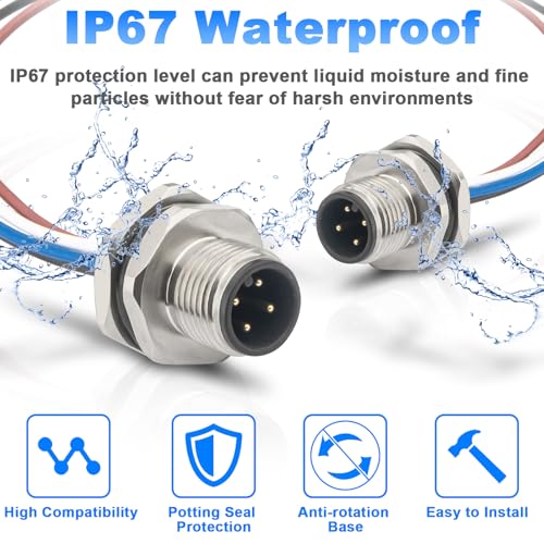 2PCS M12 4 Pin A Code Male Connector Cable with Trimmed Base 0.2M - color: Male, size: 4Pin Back Mount