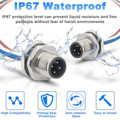 2PCS M12 4 Pin A Code Male Connector Cable with Trimmed Base 0.2M - color: Male, size: 4Pin Back Mount