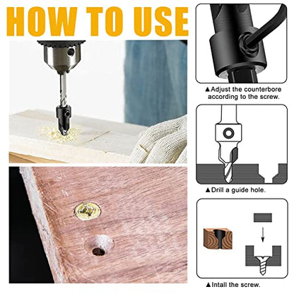 Wood Countersink Drill Bit Set, Newdeli 5Pcs Countersink Drill Bit #4、6、8、10、12, Tapered Drill Bits with 1/4" Hex Shank Quick Change and Allen Wrench, Counter Sinker Drill Bit Set for Woodworking - style: 5 Sizes Set(#4、6、8、10、12)