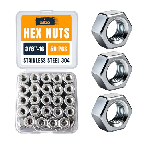 ALBO 50 PCS 3/8-16 Hex Nuts – Stainless Steel 304 SAE Nuts Set in Reusable Box – Hardware for Automotive & DIY – 3/8 Nuts, SAE Nut Assortment - size: 3/8"-16, 50pcs