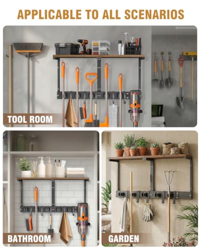 Large Broom Holder Wall Mount with Shelf, Vacuum Organizer, 5 Slots 5 Hooks - color: Black, size: Large
