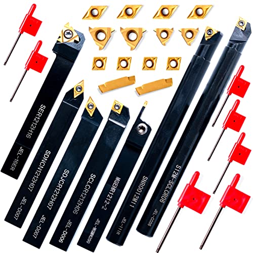 Lathe Turning Holders Threading Holder 21pcs - Metal Lathe Cutting Tools 7pcs 1/2" Threading Tools Boring Bar Set+14pcs Indexable Carbide Inserts Golden for Lathe Tools - color: 1/2" turning holder kits