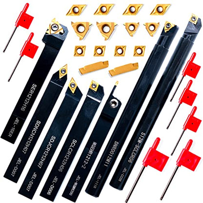 Lathe Turning Holders Threading Holder 21pcs - Metal Lathe Cutting Tools 7pcs 1/2" Threading Tools Boring Bar Set+14pcs Indexable Carbide Inserts Golden for Lathe Tools - color: 1/2" turning holder kits