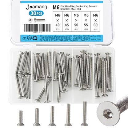 M6 x 40mm 45mm 50mm 55mm 60mm Flat Head Hex Socket Cap Screws Countersunk Bolts, Stainless Steel 304, Metric Allen Drive, Bright Finish, Fully Threaded, Assortment Kit 30PCS - size: M6 x 40/45/50/55/60 mm