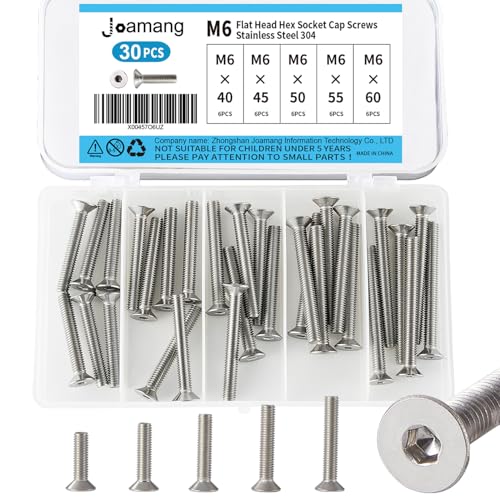 M6 x 40mm 45mm 50mm 55mm 60mm Flat Head Hex Socket Cap Screws Countersunk Bolts, Stainless Steel 304, Metric Allen Drive, Bright Finish, Fully Threaded, Assortment Kit 30PCS - size: M6 x 40/45/50/55/60 mm