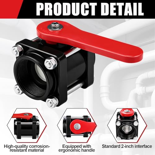 1 Pcs Red Inline Polypropylene Ball Valve 2" Npt Female Stainless Steel Exterior Chemical Resistant for Water Irrigation Industrial Systems - color: Red