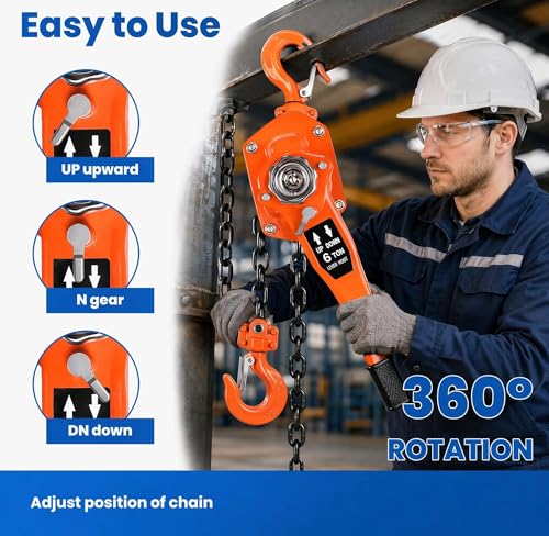 Manual Lever Chain Hoist 6 Ton 13200 Lbs, Heavy Duty Come Along Winch with Dual Pawl Brake, G80 Galvanized Carbon Steel Auto Chain Leading & 360° Hook for Garage Factory Dock（10FT） - size: 6T*10FT