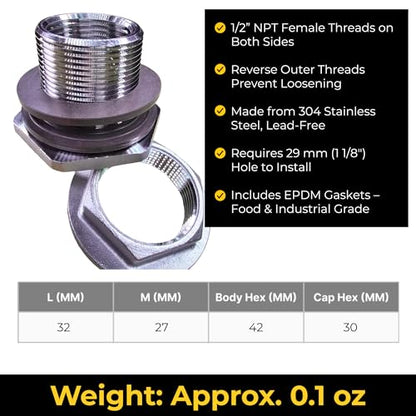 MiniBrew 1/2” NPT EZ Seal Weldless Bulkhead with EPDM Gaskets for Homebrewing - size: 1/2-EPDM, style: Pack of 1