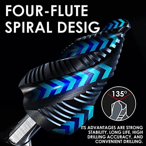 Matework M35 Cobalt Step Drill Bit, Four Spiral Flute Unibit Step Drill Bit (3/16"-1-3/8") Wear-Resistant TiAlN Coated, 3/8" Shank for Metal, Carbon Steel, Stainless Steel, Wood, Plastic (19 Size) - size: 1/4"-1-3/8"