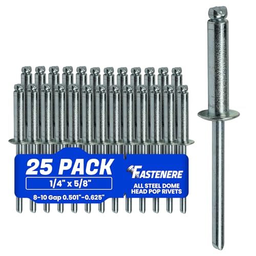 Fastenere Pop Rivets - 1/4" x 5/8" (25 pcs) Heavy Duty, Open-End, Low Carbon Steel, Dome-Head Blind Rivets, Corrosion-Resistant & High Shear Strength, 8-10 Gap 0.501"-0.625" - size: 1/4" x 5/8" (8-10) (25 Pack)