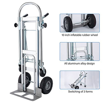 LEADALLWAY 3-in-1 Aluminum Convertible Hand Truck, Heavy Duty Folding Dolly Cart Pneumatic & Solid Wheels for Moving, Warehouse, Delivery, Home Use,770lbs Capacity