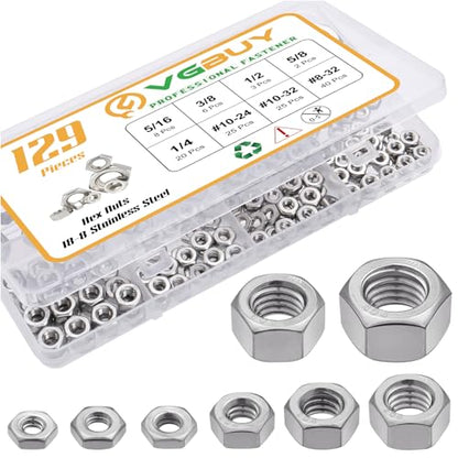 VGBUY 129pcs SAE Hex Nuts Assortment Kit 8-32 10-24 10-32 1/4"-20 5/16"-18 3/8"-16 1/2"-13 5/8"-11, 304 Stainless Steel 18-8 External Hex nut Set - size: SAE Kit