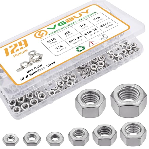 VGBUY 129pcs SAE Hex Nuts Assortment Kit 8-32 10-24 10-32 1/4"-20 5/16"-18 3/8"-16 1/2"-13 5/8"-11, 304 Stainless Steel 18-8 External Hex nut Set - size: SAE Kit
