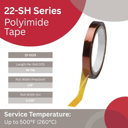 Caplugs 22-0125 – 22-SH Series – 1 Mil Thick Amber Polyimide Tape, 1 Roll, Width 1/8" x Length 36 Yds, High Temp Electronics Coating Up to 500° F (260° C), Solder Masks for Circuit Boards (SH-10298) - size: Width 1/8"