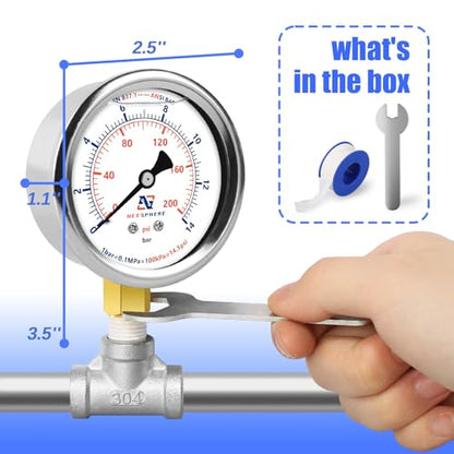 0-200 PSI Liquid Filled Pressure Gauge, 2.5" Dial Size, 304 Stainless Steel Case, 1/4" NPT Lower Mount, Brass Connection, IP67 Waterproof Oil, Water & Air Compressor Pressure Gauge - size: 0-200 PSI, style: Lower Mount