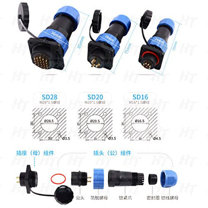 HangTon HE29 Power Plastic Connector Industrial Waterproof IP68 Circular Male Female Plug Panel Socket 4-Screw (2 pin 45A 380V), 10AWG Wire - size: 2 pin 45A 380V