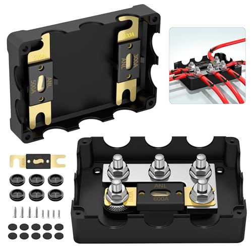 ANL Fuse Holder Max 1000A 1 in 6 Out Waterproof Anl Fuse Block with 5 x 5/16" Studs Dual Fuse Holder with 300 Amp, 400 Amp, 500 Amp and 600 Amp ANL Fuses for Marine Automotive Car Truck Boat - size: 1 in 6 Out